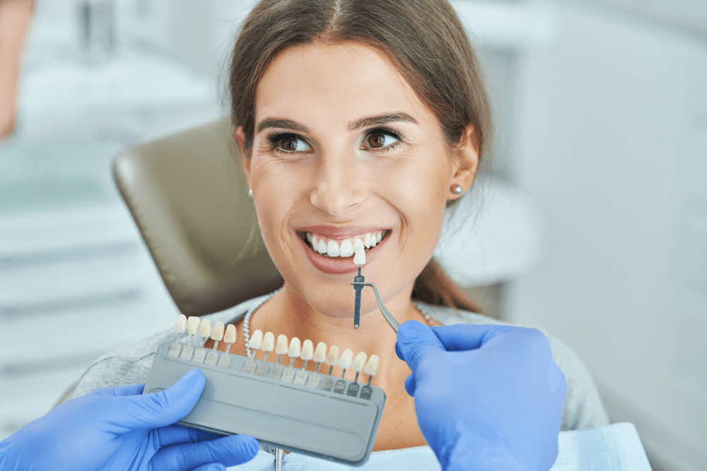 Patient having a shade match for porcelain veneers